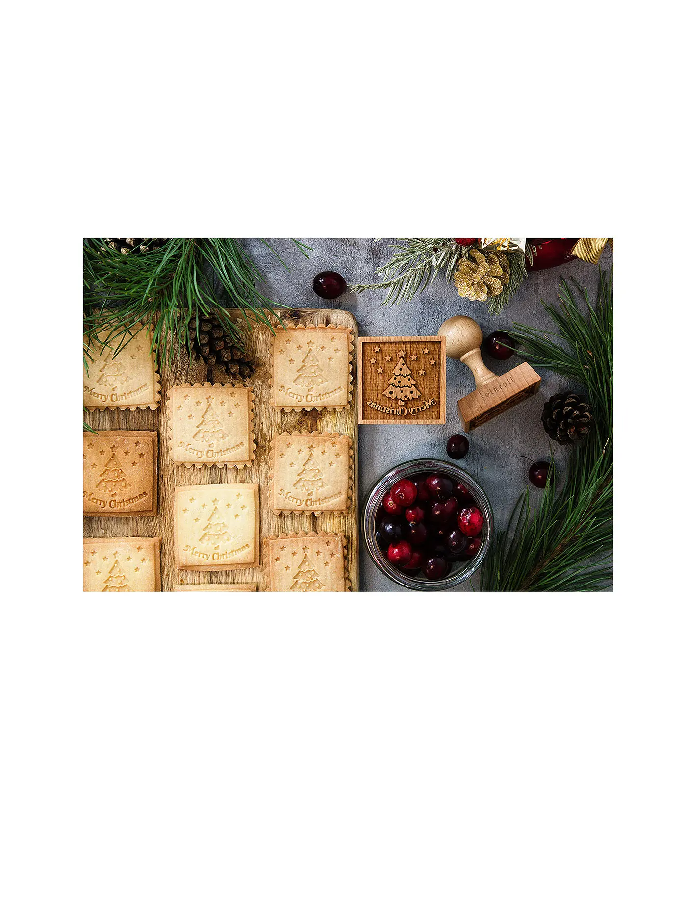 FOLKROLL | Keksstempel Merry Christmas 55x55mm Buche / 3D-Motiv | hellbraun